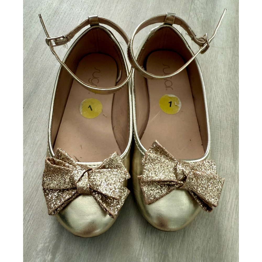 Sugar Kids Gold‎ Glitter Bow Ankle Strap Ballet Flats Shoes Size 1